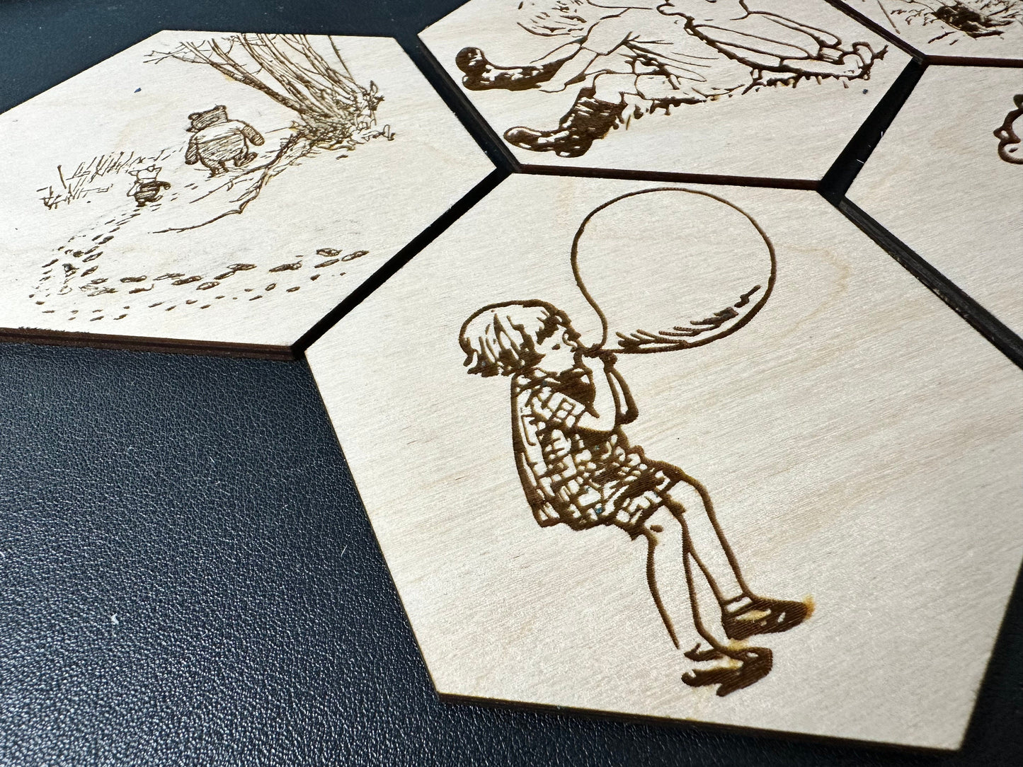 Original Winnie The Pooh Illustrations Hexagonal Wooden Coaster Set - 6-Piece Nostalgic Table Protection with Engraved Character Images