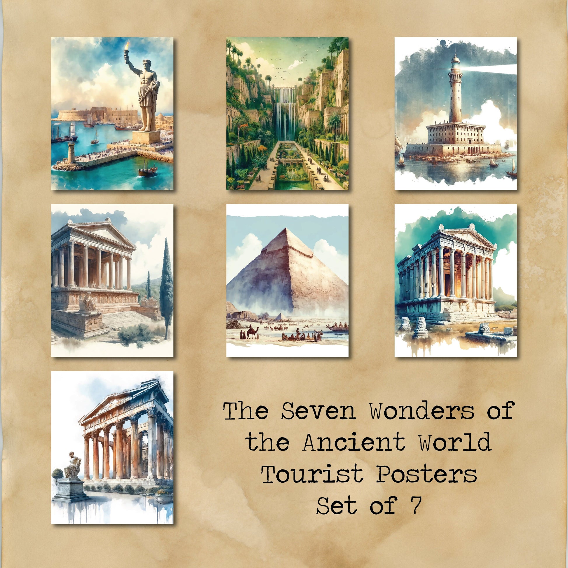 The Lighthouse of Alexandria | Seven Wonders of the Ancient World Tourist Poster | Travel | Home Decor | History | Watercolor Wall Art Print