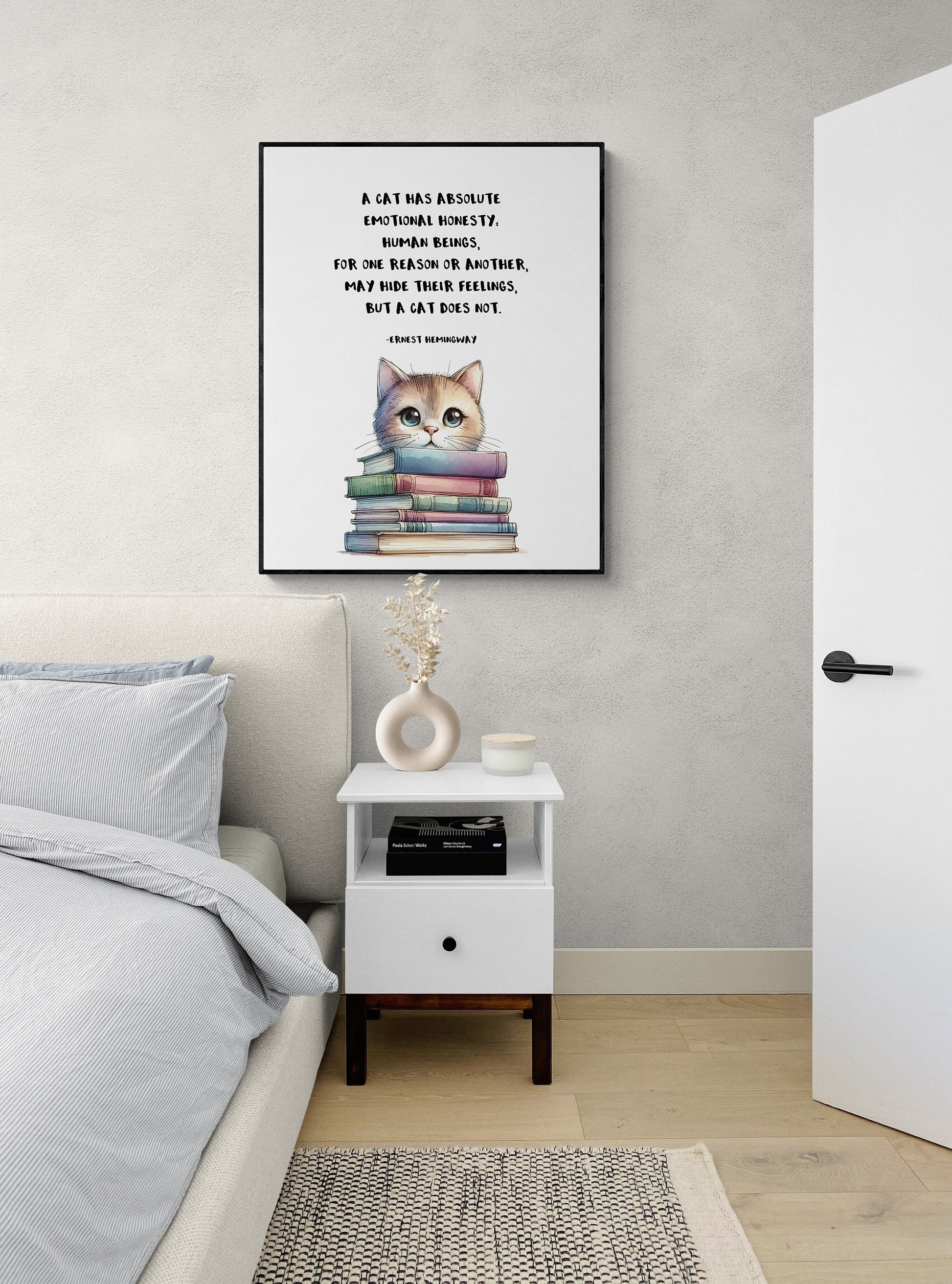 A Cat | Ernest Hemingway Quote | Cat Lover | Funny Humor | Books | Literary | Watercolor | Home Decor | Art Print