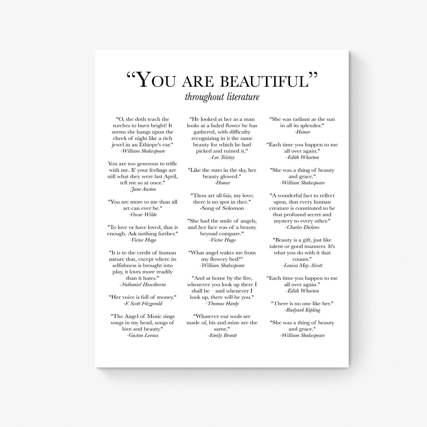 You Are Beautiful Throughout Literature | Classic Novels | English Literary Books | Brave Strong Love | Home Decor | Typography | Art Print