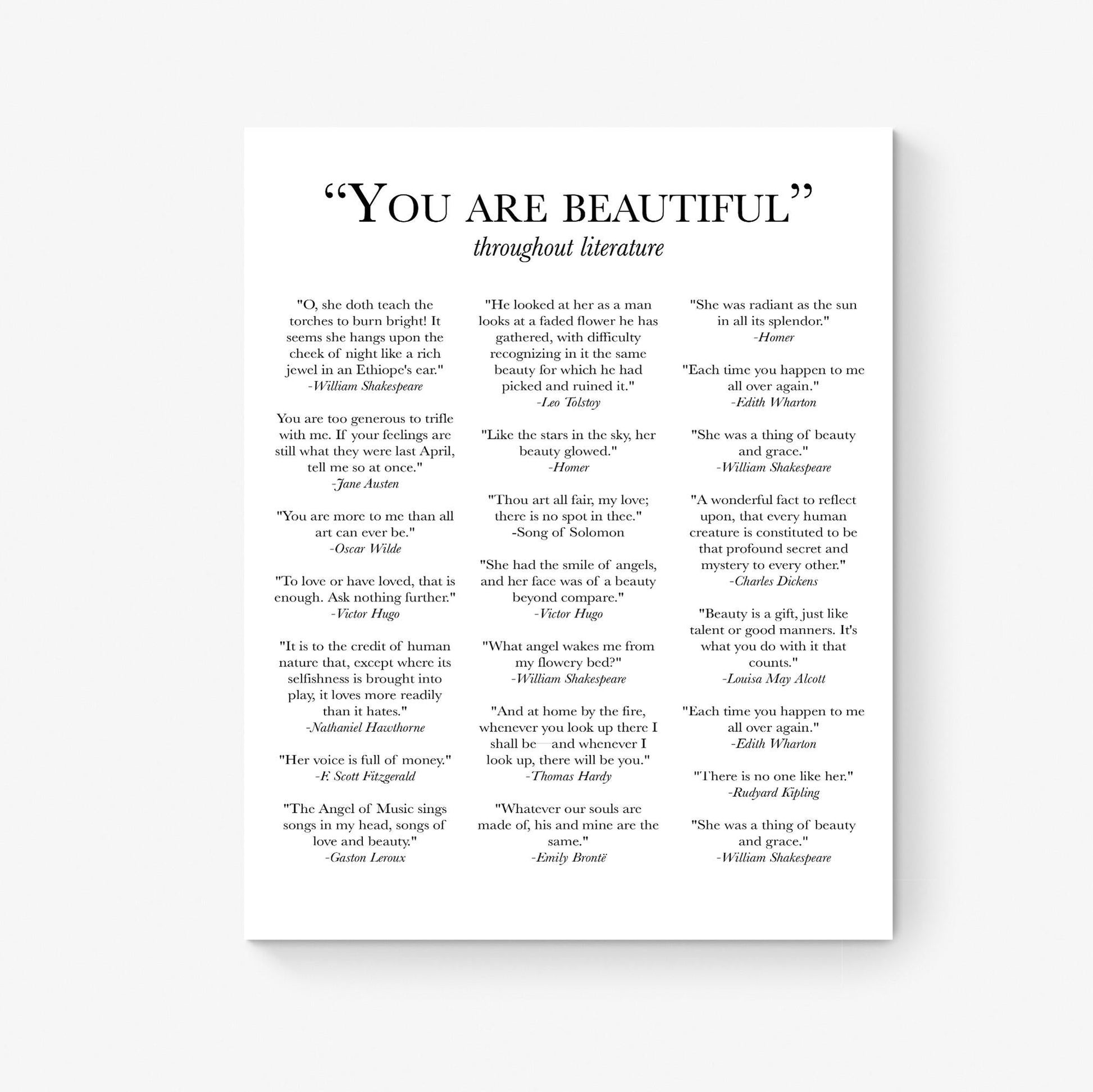 You Are Beautiful Throughout Literature | Classic Novels | English Literary Books | Brave Strong Love | Home Decor | Typography | Art Print