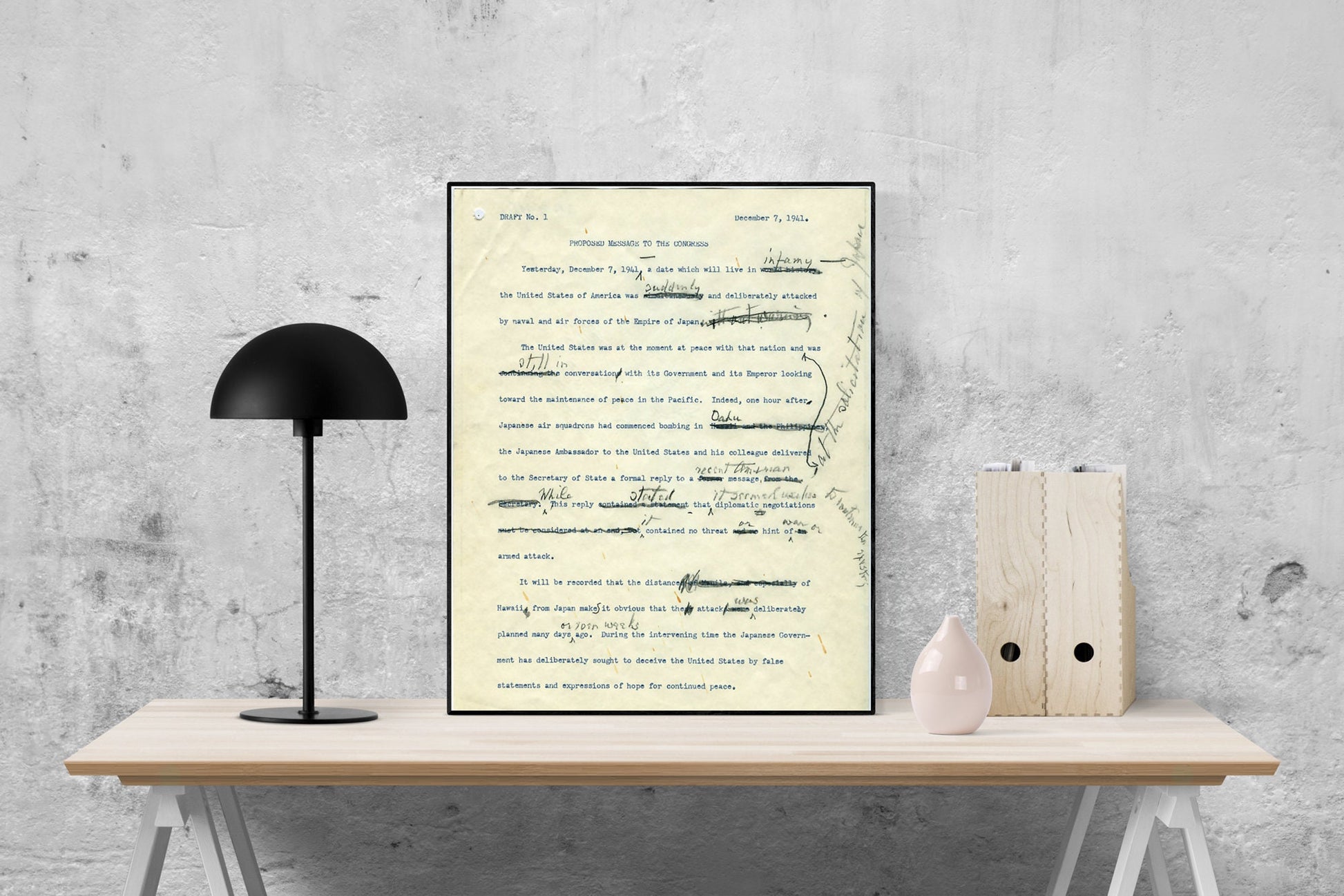 A Day Which Will Live In Infamy Original Draft | Franklin Delano Roosevelt | FDR | Attack On Pearl Harbor | World War 2 | Art Print