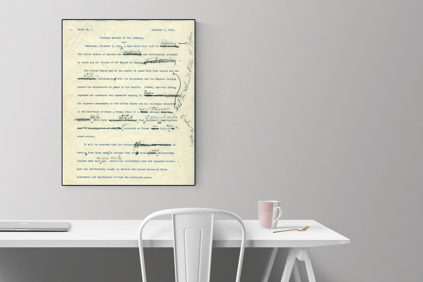 A Day Which Will Live In Infamy Original Draft | Franklin Delano Roosevelt | FDR | Attack On Pearl Harbor | World War 2 | Art Print
