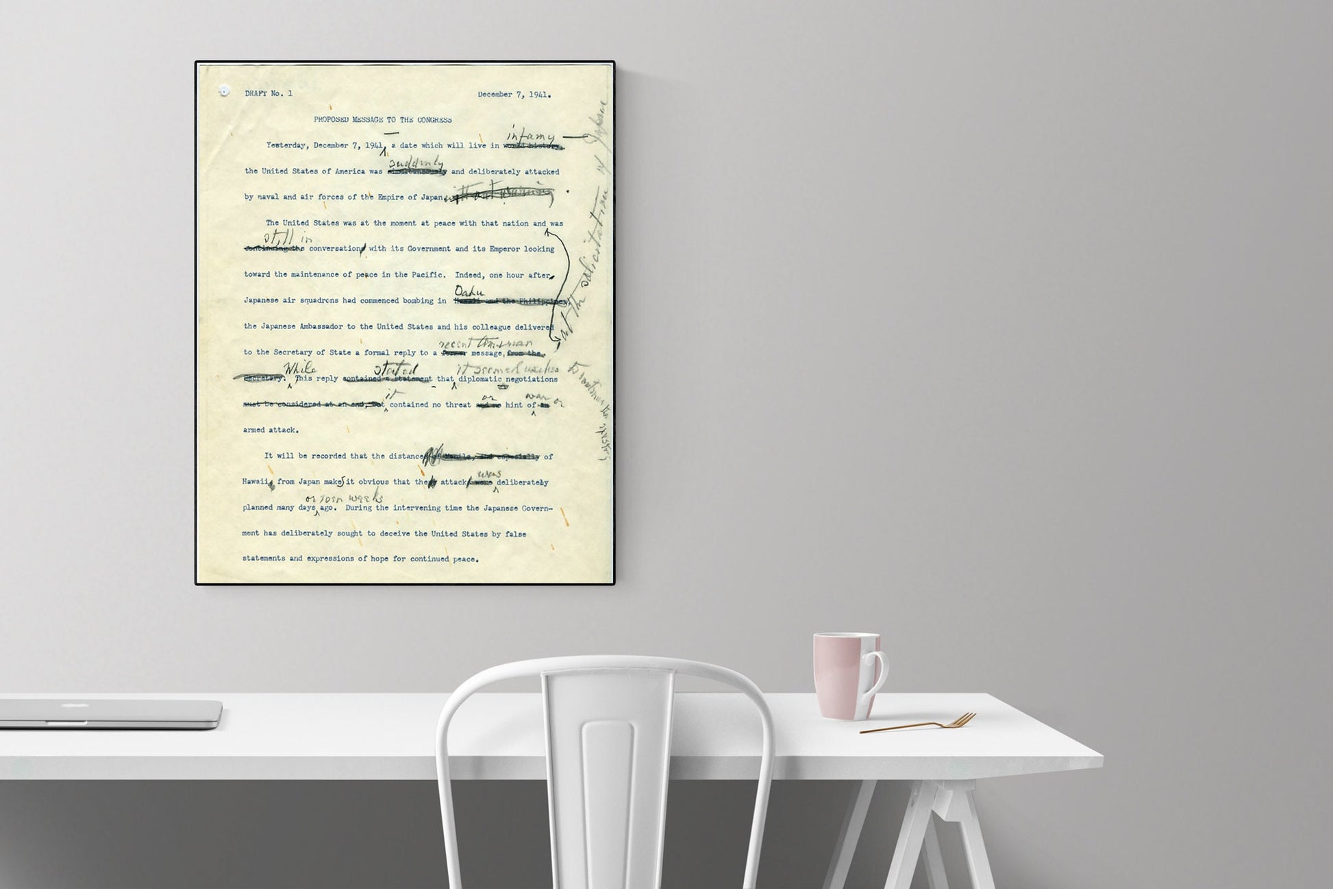 A Day Which Will Live In Infamy Original Draft | Franklin Delano Roosevelt | FDR | Attack On Pearl Harbor | World War 2 | Art Print