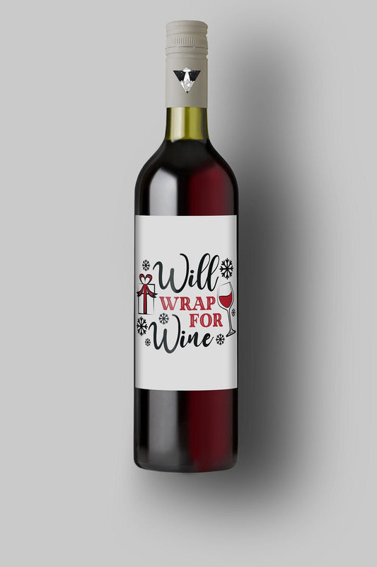 Will Wrap For Wine | Custom Bottle Labels | Personalized Bottle | Christmas Holidays Label