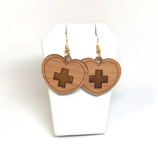 Heart and Red Cross Earrings, Wood, Handcrafted, Medical Professional Gift, Pre-Med Student Gift, Health Care Jewelry, Unique Accessory