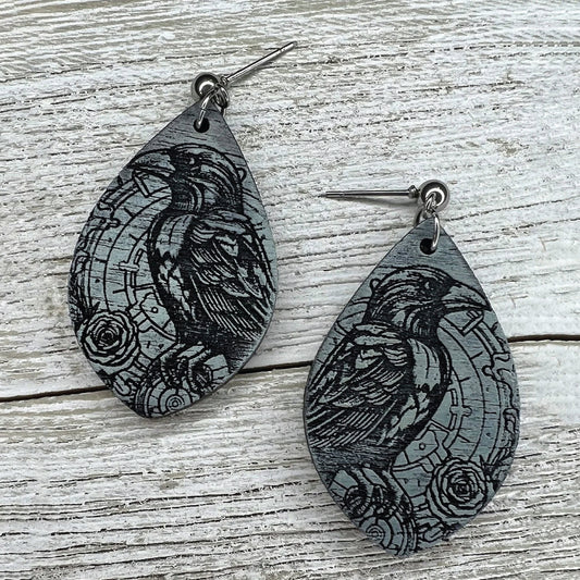 Raven Teardrop Earrings, Baltic Birch, Paintable, Gothic Halloween Jewelry, Unique Gift, Dark Fashion Accessory, Versatile Earrings
