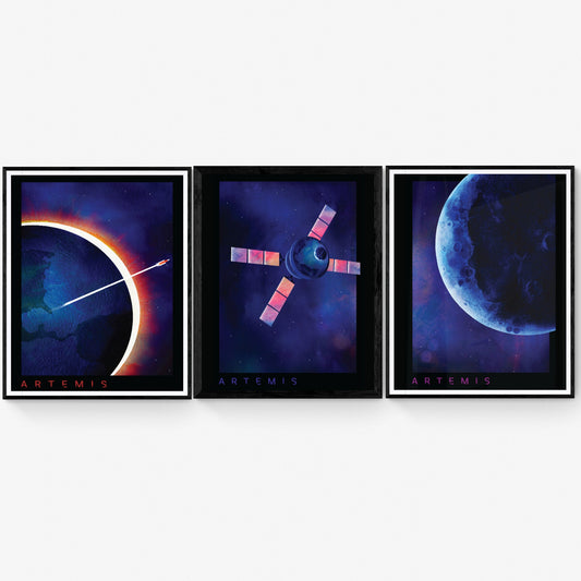 Triptych Artemis Mission Approach | Set of 3 Watercolor Lunar Art Prints | NASA Art Print