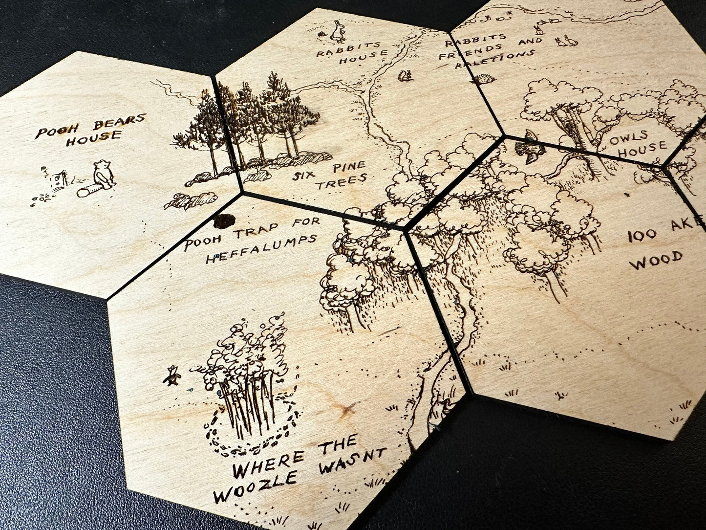 100 Anker Woods Map Original Winnie The Pooh Illustrations Hexagonal Wooden Coaster Set - 6-Piece